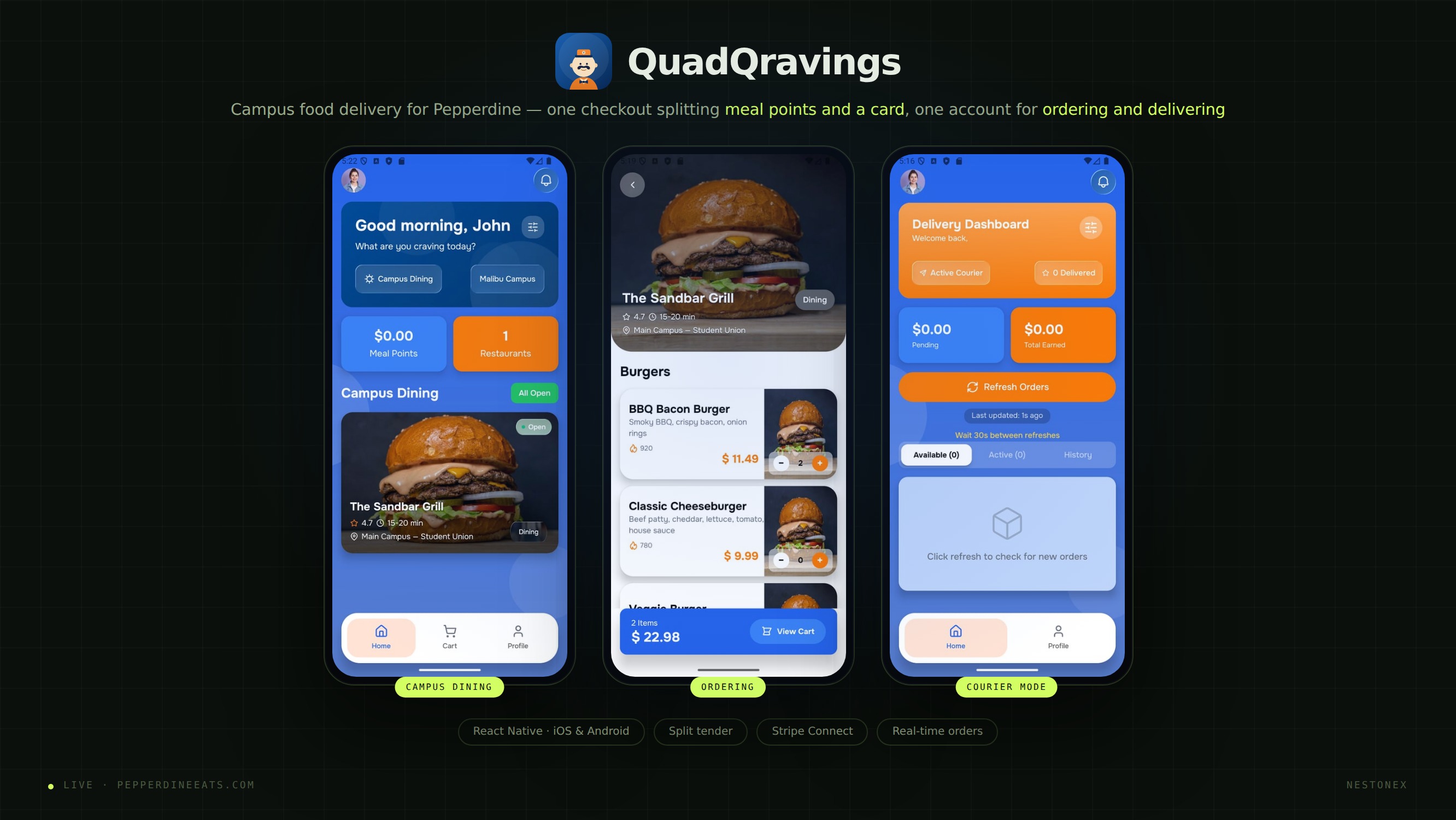 QuadQravings on three phones: campus dining on the Malibu campus, a restaurant menu with the cart total pinned, and the courier delivery dashboard