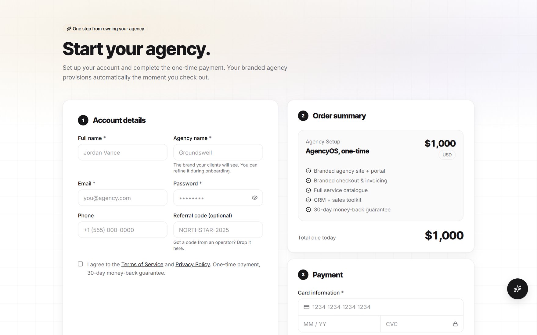 AgencyOS operator onboarding and checkout screen