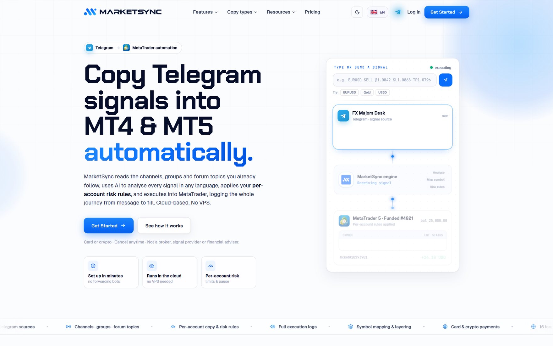 MarketSync marketing site explaining Telegram-to-MetaTrader copy trading