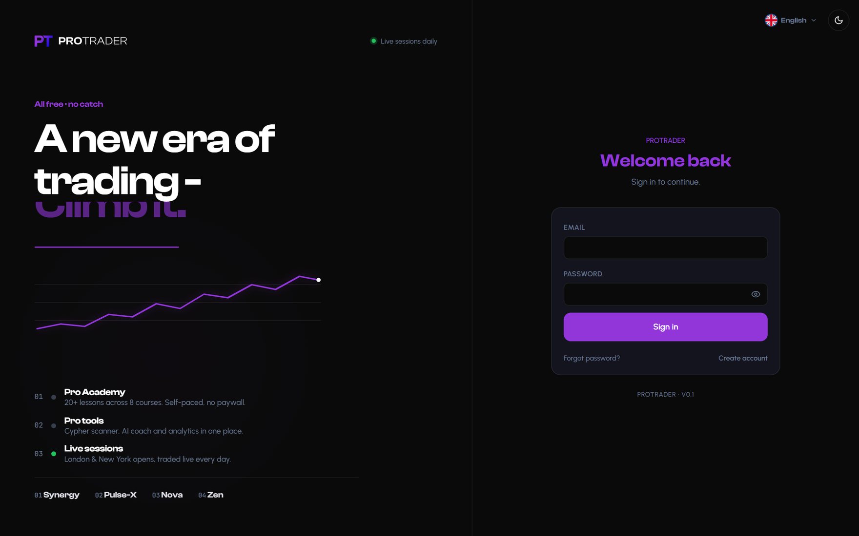 ProTrader sign-in and landing screen