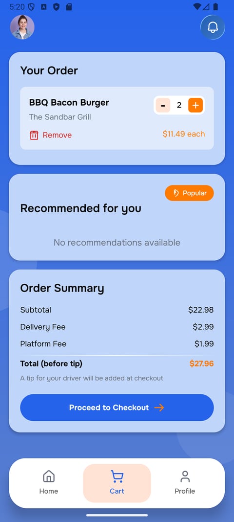 The QuadQravings order summary listing subtotal, delivery fee and platform fee, with the total before tip