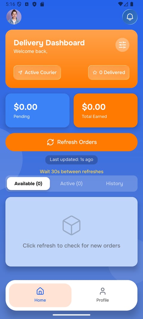 The QuadQravings delivery dashboard in courier mode, showing pending and total earnings and tabs for available, active and past deliveries