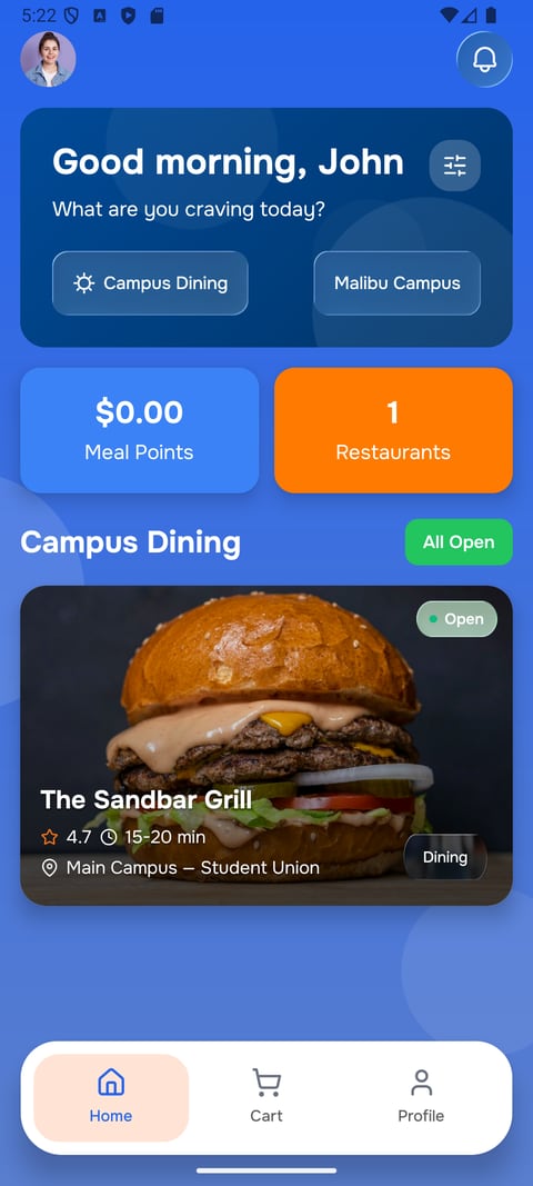 QuadQravings home screen: a greeting, a Malibu Campus filter, the student's meal-point balance, and an open campus restaurant