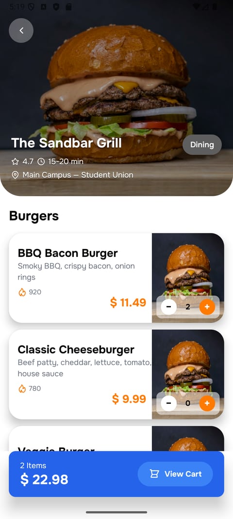 A QuadQravings menu of burgers with descriptions, calories, prices and quantity steppers, and a running cart total pinned to the bottom