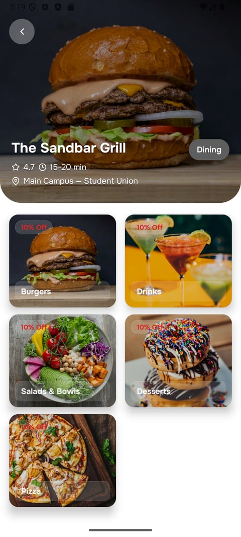 A QuadQravings restaurant page showing its rating, distance and menu categories for burgers, drinks, salads, desserts and pizza