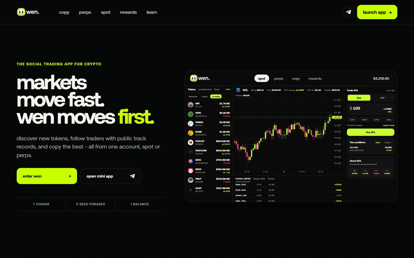 Wen trading super-app — landing page with the in-app trading interface